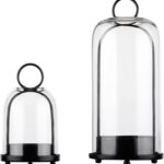 5″ & 4″ Wide Versatile Metal Candle Holder in Black with Handmade Thick, Heavy & Sturdy Glass Dome for Pillar Candle, Industrial, Modern, Shelf, Mantel, Veranda, Porch (2, Black, Large & Small)