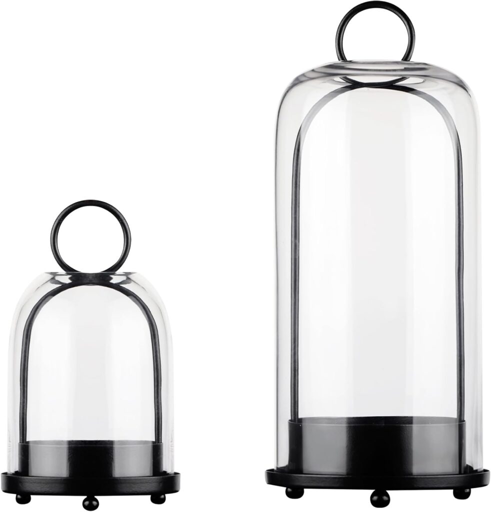 5″ & 4″ Wide Versatile Metal Candle Holder in Black with Handmade Thick, Heavy & Sturdy Glass Dome for Pillar Candle, Industrial, Modern, Shelf, Mantel, Veranda, Porch (2, Black, Large & Small)