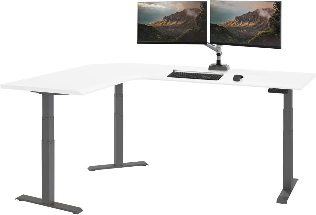 Vari ComfortEdge 80×60 L-Shape Electric Standing Desk – Height Adjustable Sit-Stand VariDesk for Corner Office with Reversible Left/Right Design + White Laminate Top/Slate Legs (Ships in 3 Boxes)