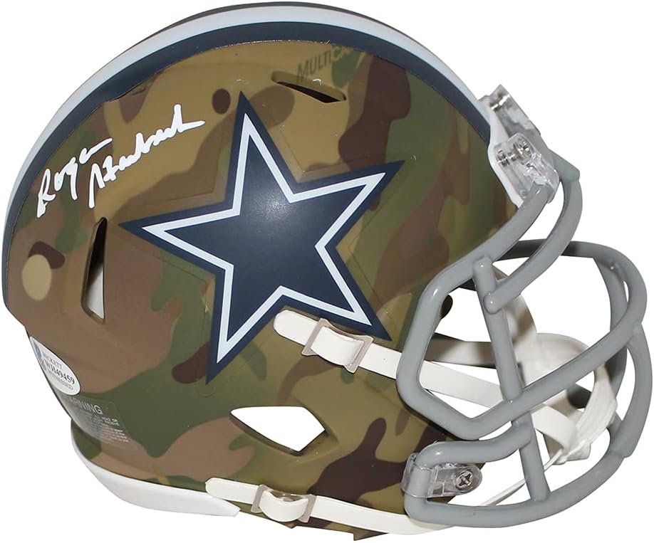 Roger Staubach Autographed/Signed Dallas Cowboys Camo Mini Helmet BAS