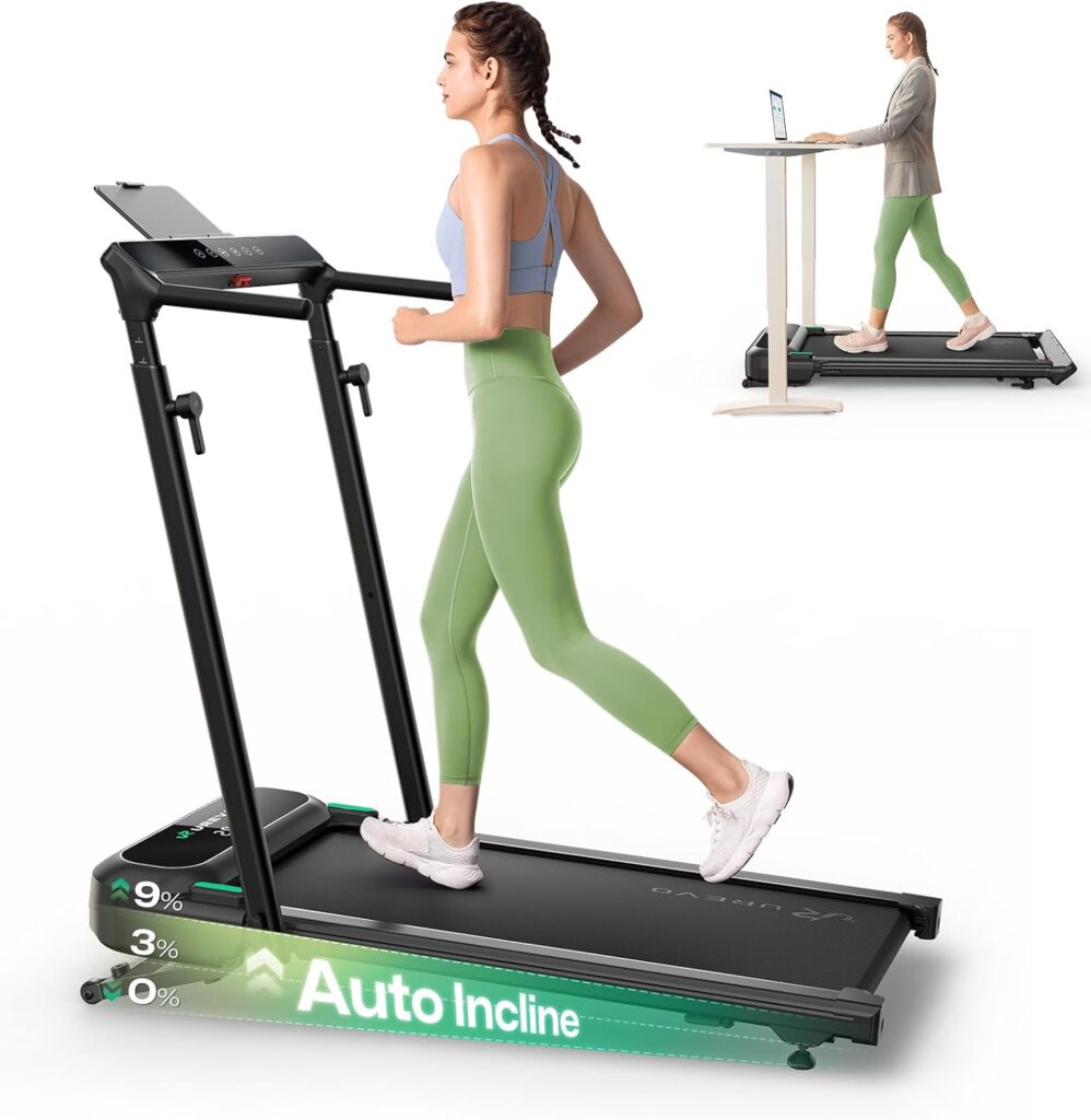 UREVO Foldimix Treadmill Walking Pad with Adjustable Handle Bar for Home Office, Multi-Functional Workstation Treadmill, Dual Brushless Motorized, 14-Point Shock Absorption, Compact Design