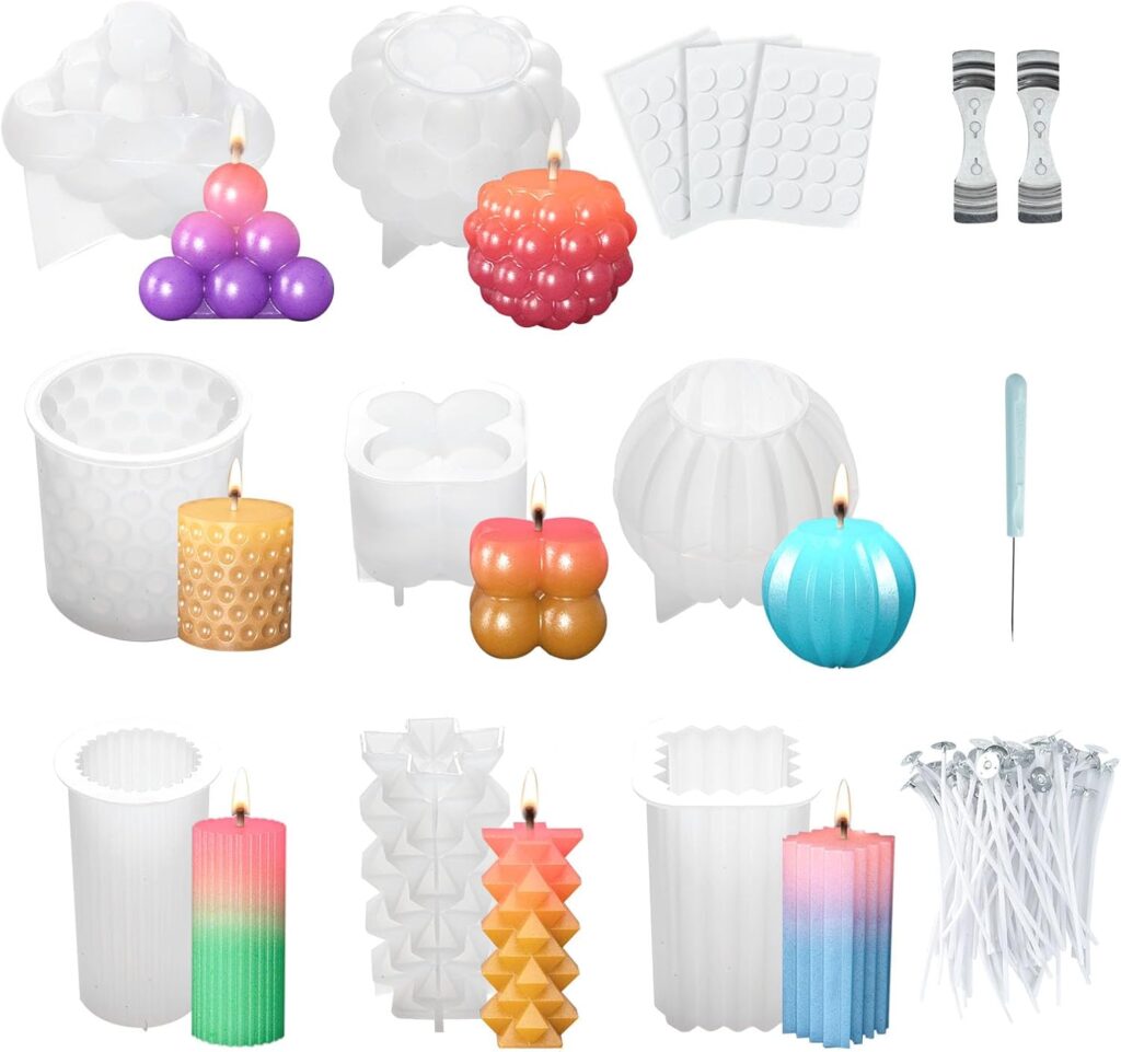 MOAMUN 8PC Silicone Candle Moulds Set for Candle Making, 3D Bubble Candle Pillar Candle Mould with 113 Tools, Candle Molds for Making Soap Wax Crafts DIY Handmade Gift Decor