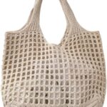 ENBEI Women Foldable Beach Tote, Washable Lightweight Beach Bag, Eco-Friendly Knit Shoulder Purse for Travel/Shopping/Gifts