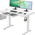 YDN Glass Standing Desk with Drawers, 48 x 24 Inch Electric Stand Up Desk with USB Ports, Adjustable Height for Home Office, White