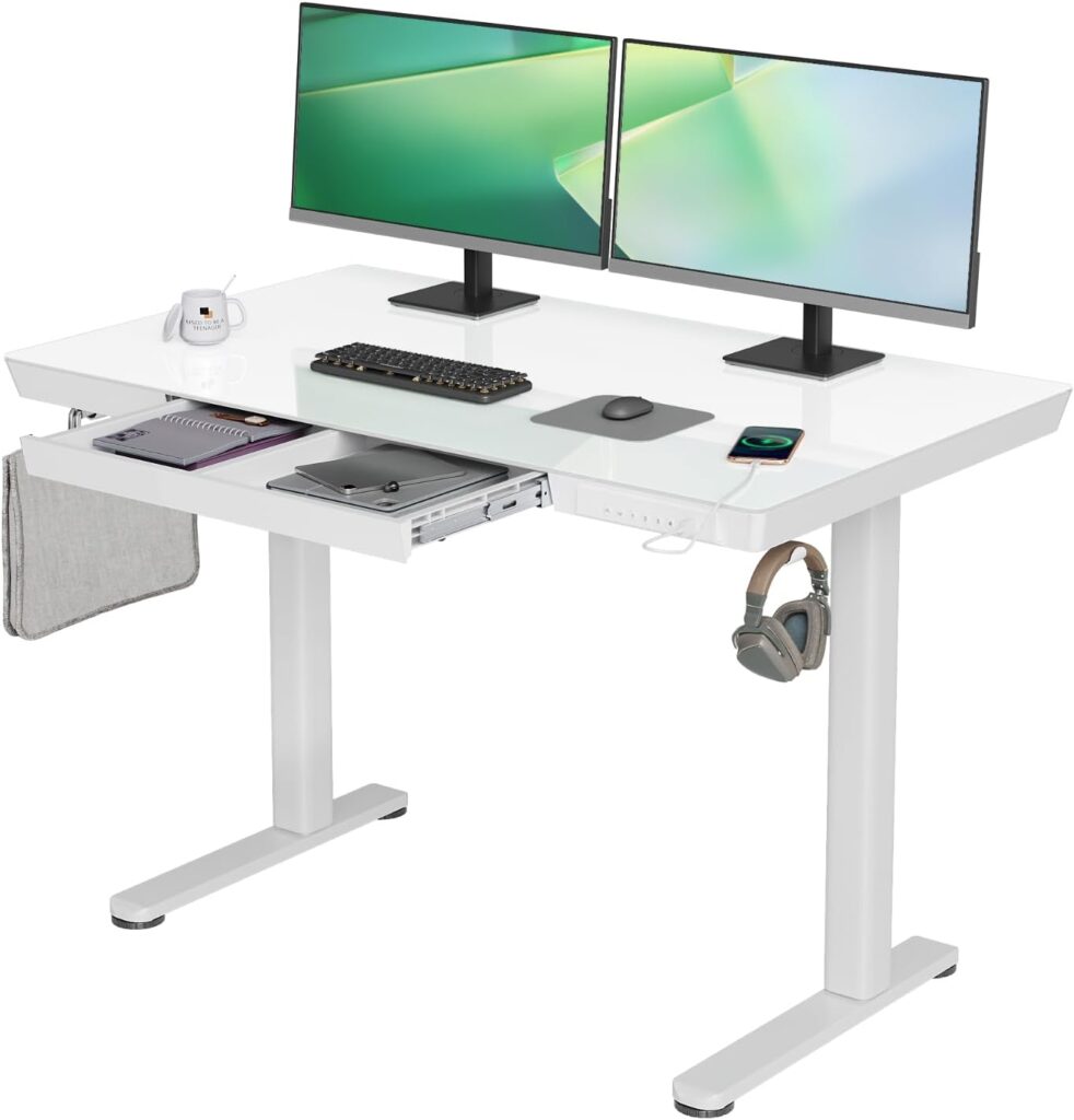 YDN Glass Standing Desk with Drawers, 48 x 24 Inch Electric Stand Up Desk with USB Ports, Adjustable Height for Home Office, White