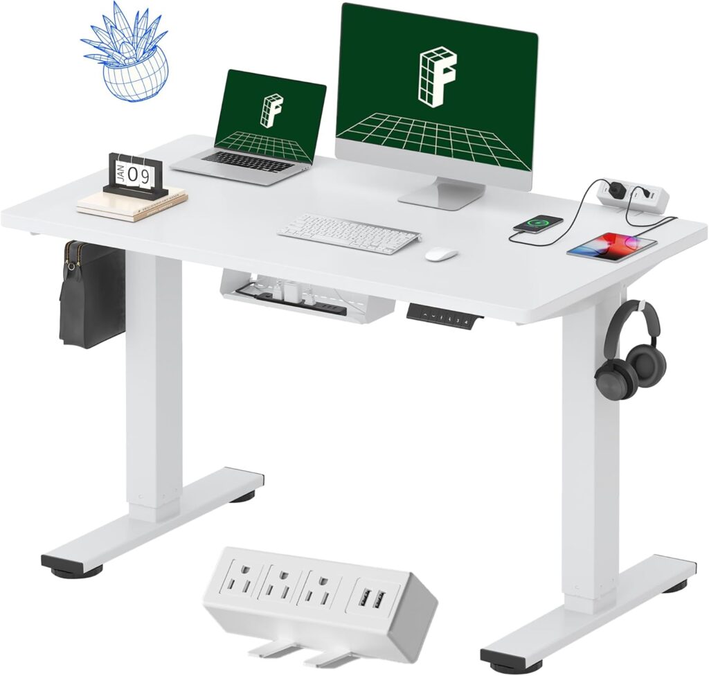 FLEXISPOT EN2 Whole-Piece Standing Desk with Clamp Power Strip, 48×24 Electric Stand Up Height Adjustable Desk with Cable Management (White Frame + 48″ White Top)
