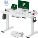FLEXISPOT EN2 Whole-Piece Standing Desk with Clamp Power Strip, 48×24 Electric Stand Up Height Adjustable Desk with Cable Management (White Frame + 48″ White Top)