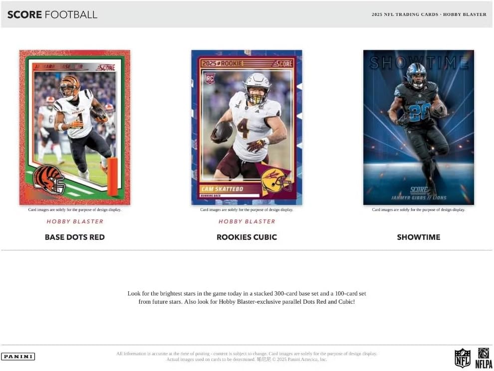 NEW 2025 SCORE Football Card HOBBY BLASTER Box, 90 Cards – 24 Rookies and Two Exclusive #’d Parallels Per Box