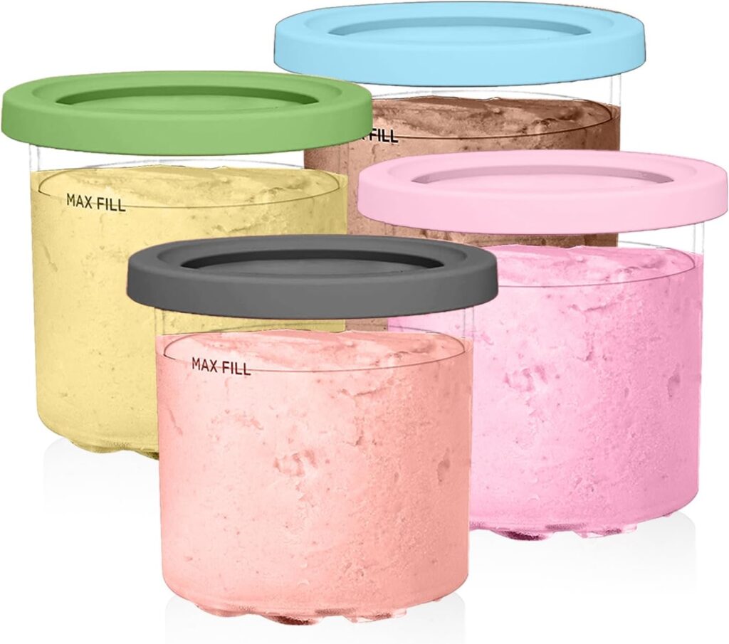 Containers Replacement for Ninja Creami Pints and Lids – 4 Pack, 16oz Cups Compatible with NC301 NC300 NC299AMZ Series Ice Cream Maker – Dishwasher Safe, Leak Proof Lids Pink/Mint/Grey/Blue