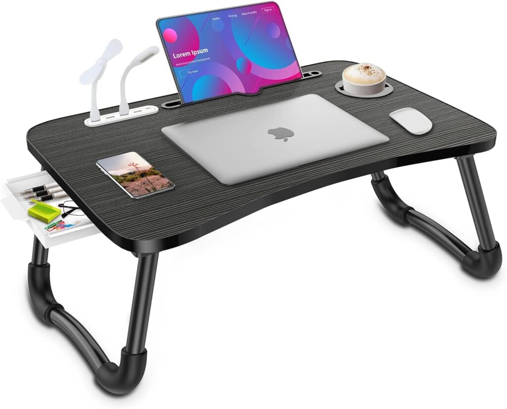 Zapuno Laptop Lap Desk, Foldable Laptop Table Tray with 4 USB Ports Storage Drawer and Cup Holder, Lap Bed Desk Notebook Stand Laptray Portable Standing Table for Bed Couch Floor