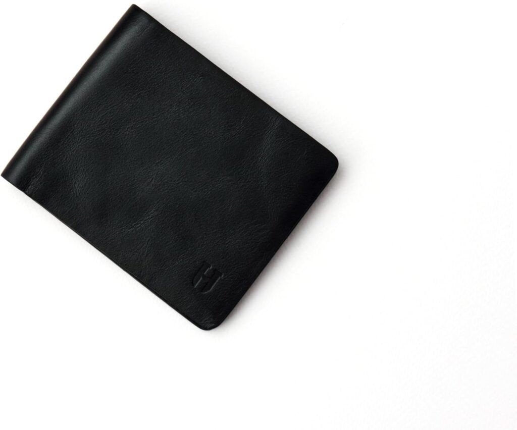 Mens Wallet, Slim Minimalist RFID Blocking, Full-Grain Leather Handcrafted Bifold, 6 Card Slots, Gift Box & Pouch, Christmas & Birthday, Plain Black