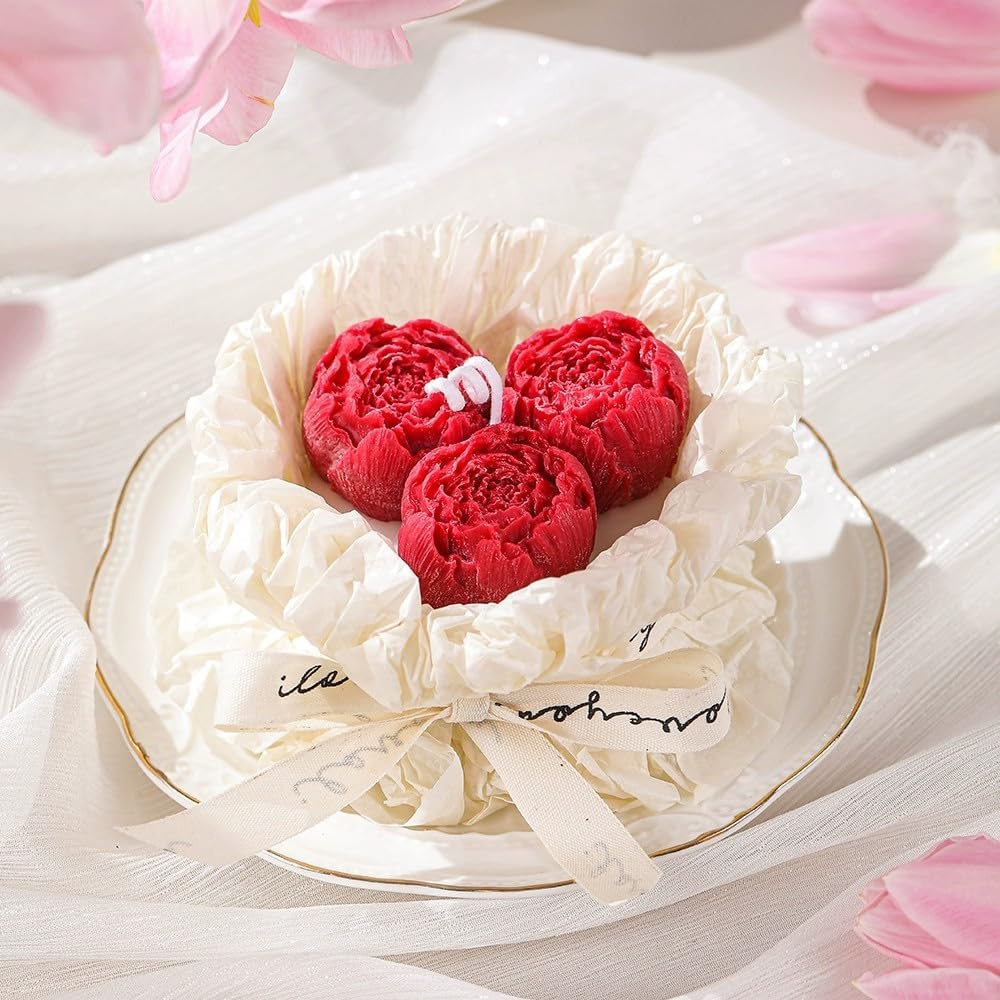 Handmade Floral Bouquet Candle, Scented Peony & Rose Shape, Gift for Women, Home Décor, Aromatherapy, Small (2.8″x2.4″, 3 Flowers) & Large (3.6″x3″, 5 Flowers) – Pink & Rose Red (Rose Red, Small)