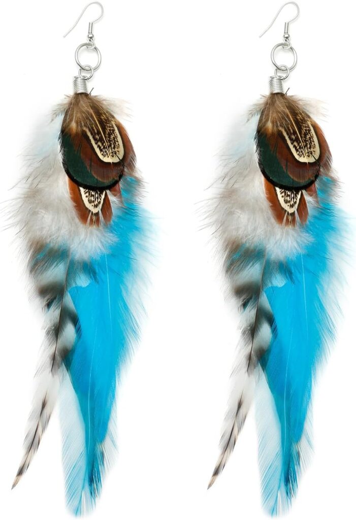 Long Feather Earrings for Women, Boho Bohemian Earrings Multicolor Tassel Handmade Feather Earrings for Women Dangling