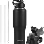 32oz Black Water Bottle Stainless Steel, Keep Cold 24H&Hot 12H, Water Bottle with Straw&Spout Lids, Insulated Water Bottle Double Wall Vacuum, Fit in Any Car Cup Holder, Leak-proof BPA Free