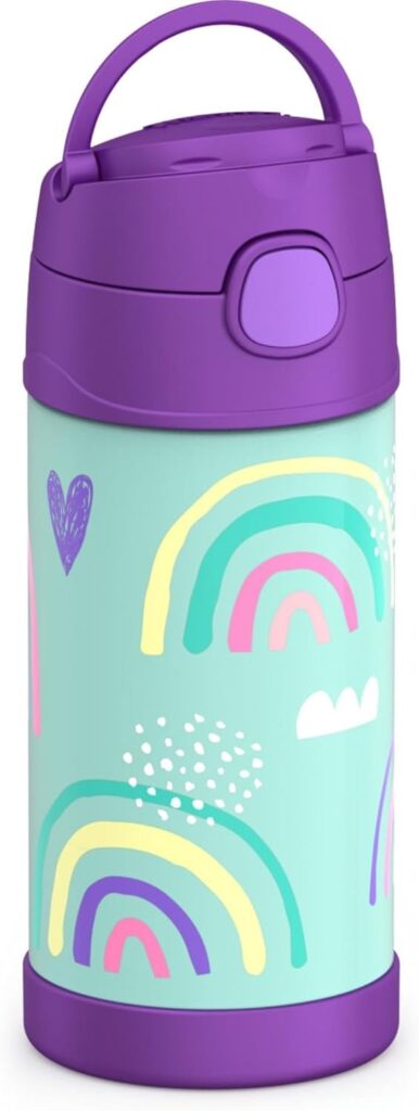 THERMOS FUNTAINER Water Bottle with Straw – 12 Ounce – Kids Stainless Steel Vacuum Insulated Water Bottle with Lid, Rainbows