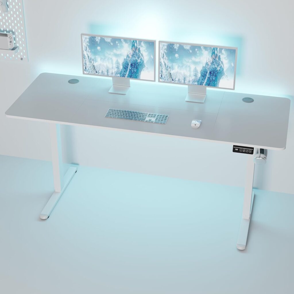 Shintenchi Standing Desk, 63×24 Inch Height Adjustable Electric Sit Stand up Desk, Ergonomic Rising Computer Table, Modern Lift Gaming Desk Workstation for Home Office, White