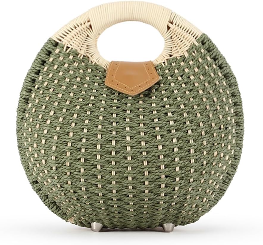 Handmade Straw Handbag Woven Shell Bag Summer Beach Rattan Tote Bag for Women Round Handle Ring Straw Purses