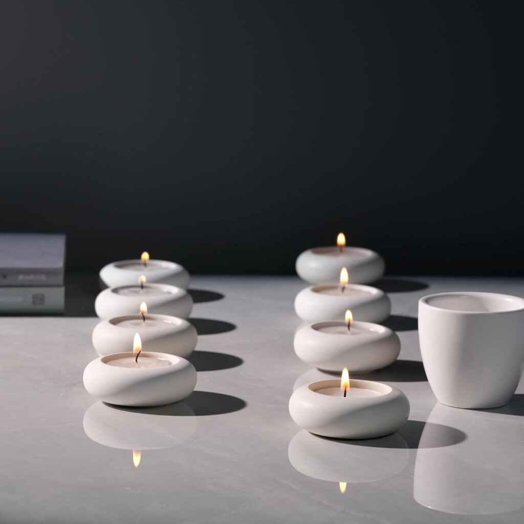 Handmade Decorative Pebble Tealight Candle Holders Set of 8 – Handcrafted Home Decor Accent for Calming Earthy Aesthetic White Cement Diameter 2.6 inches