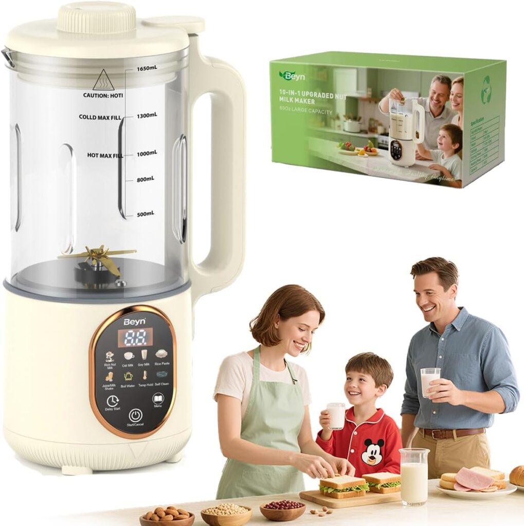 Beyn 60oz Nut Milk Maker Machine with 48-Leaf Titanium Blades，10-in-1 Automatic Plant-Based Milk Maker for Homemade Oat, Soy, Almond, Juice & More，Temp Hold, Delay Start, Boil &Auto Clean
