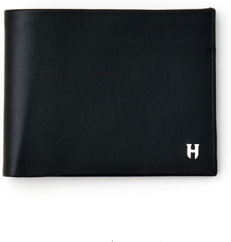 Wallet for Men, Slim Minimalist RFID Full Grain Leather, Handcrafted Bifold, 6 Card Slots, Gift Box Pouch, Christmas Birthday, Plain Black