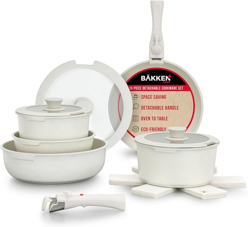 Bakken 15-Piece Non-Stick Cookware Set with Detachable Handles – Granite Stackable Pots and Pans Set, Dishwasher Safe, Oven-Safe, and Compatible Kitchen Essential for All Stoves – Cream