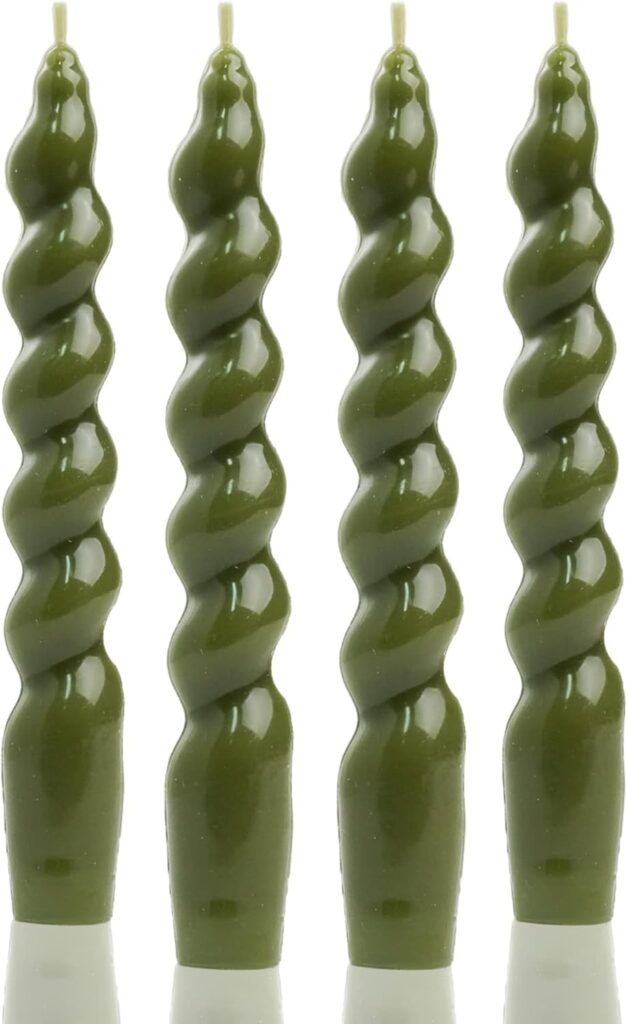 MAITREYA Olive Spiral Taper Candles – Conical Stick Handmade Twisted Candles, Set of 4 for Decoration, Weddings, Party, Church – Unscented, Dripless, 7.5 inch