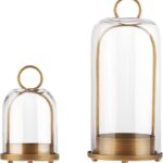 5″ & 4″ Wide Versatile Metal Candle Holder with Handmade Sturdy Glass Dome in Brass for Pillar Candle & Plants, 5.1″ xH11.8 4″ xH7.5, Industrial, Farmhouse, Shabby Chic. (2, Brass, Large & Small)