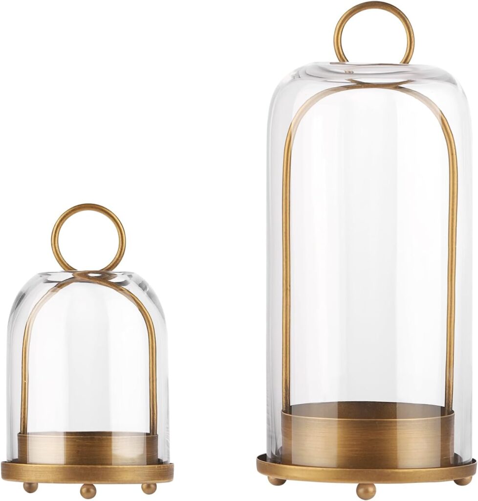 5″ & 4″ Wide Versatile Metal Candle Holder with Handmade Sturdy Glass Dome in Brass for Pillar Candle & Plants, 5.1″ xH11.8 4″ xH7.5, Industrial, Farmhouse, Shabby Chic. (2, Brass, Large & Small)