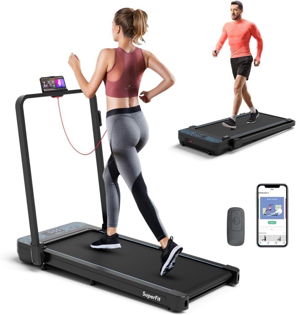 Goplus 2 in 1 Folding Treadmill, 300 LBS Capacity Walking Pad with Handle Bar, Under Desk Treadmill with Remote & APP Control and LED Display, Foldable Portable Treadmills for Home Small, Office