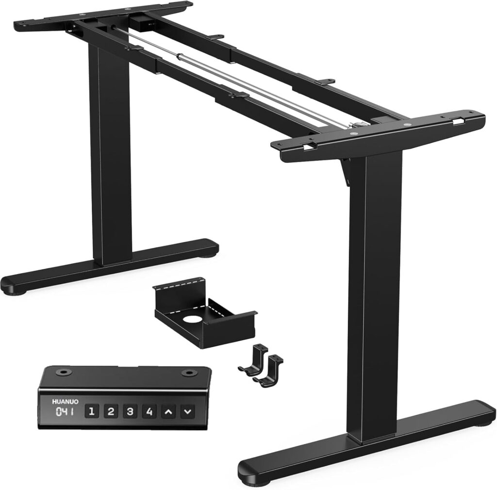 HUANUO Standing Desk Frame with 220lbs Powerful Brushless Motor, Double Crossbeam Structure, Thick Adjustable Desk Legs, for Max 35.4″ x 86.6″ Desktop, for Home Office, Black Frame Only