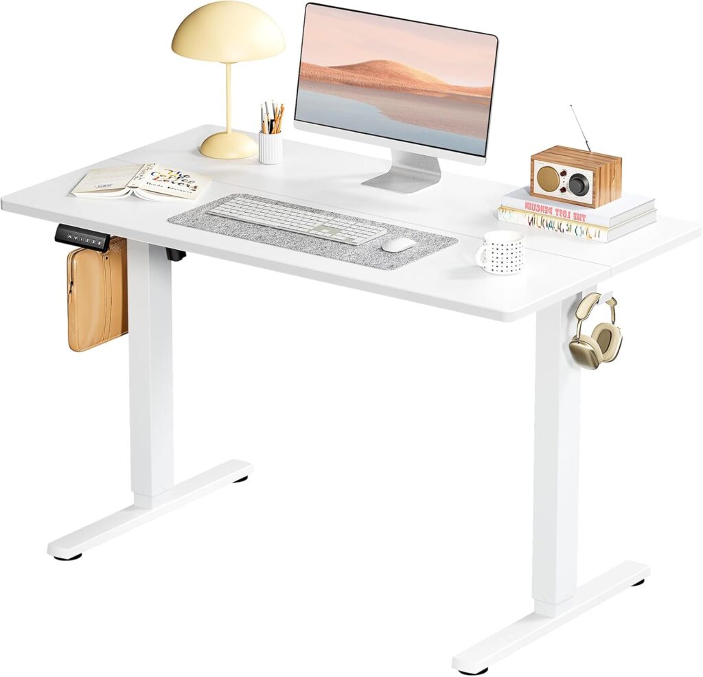 Smug Adjustable Height Standing Desk Electric Sit Stand Up Down Computer Table Ergonomic Rising Modern Lift Motorized Gaming Desktop Workstation for Work Home Office, 40″ L X 24″ W, White