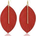 YUNXI Large Genuine Soft Leather Handmade Fringe Feather Lightweight Leaf with Simple Drop Metal Bar Tear Drop Dangle Color Earrings for Women