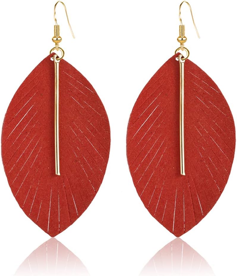 YUNXI Large Genuine Soft Leather Handmade Fringe Feather Lightweight Leaf with Simple Drop Metal Bar Tear Drop Dangle Color Earrings for Women