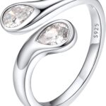Bestyle Silver Birthstone Ring for Women, Dainty Sterling Silver Teardrop Ring Open Adjustable Band Ring, Love Statement TOI et Moi Ring Promise Ring for Her