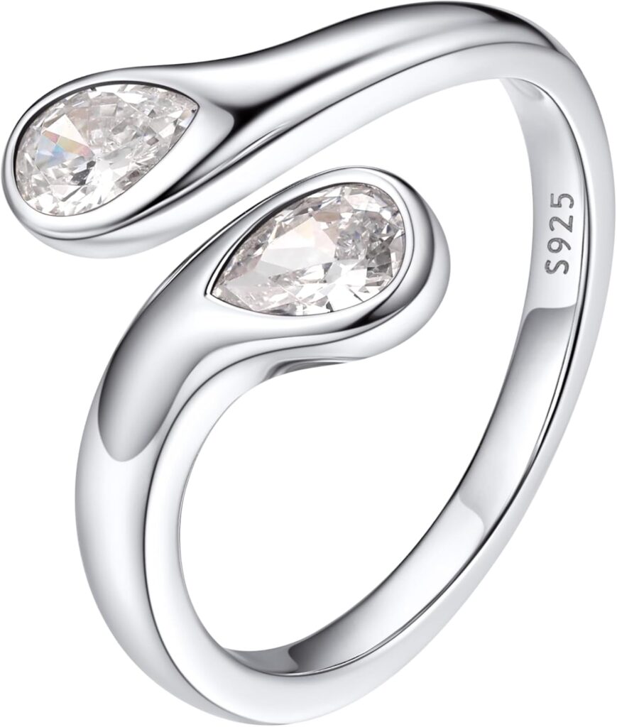 Bestyle Silver Birthstone Ring for Women, Dainty Sterling Silver Teardrop Ring Open Adjustable Band Ring, Love Statement TOI et Moi Ring Promise Ring for Her