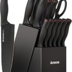 Astercook 15 Piece Knife Set with Sharpener Block – German Stainless Steel, Dishwasher Safe Kitchen Knives with Built-In Sharpener, Black