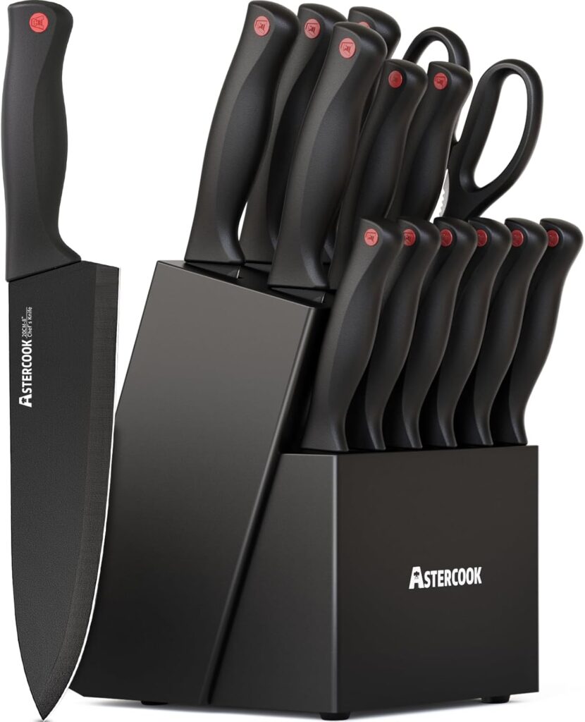 Astercook 15 Piece Knife Set with Sharpener Block – German Stainless Steel, Dishwasher Safe Kitchen Knives with Built-In Sharpener, Black