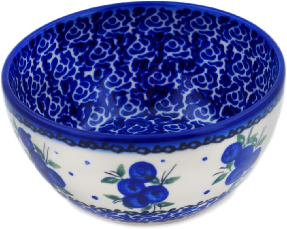 Authentic Polish Pottery Bowl 4-inch in Lovely Blueberries Design Handmade in Bolesławiec Poland by Ceramika Bona + Certificate of Authenticity