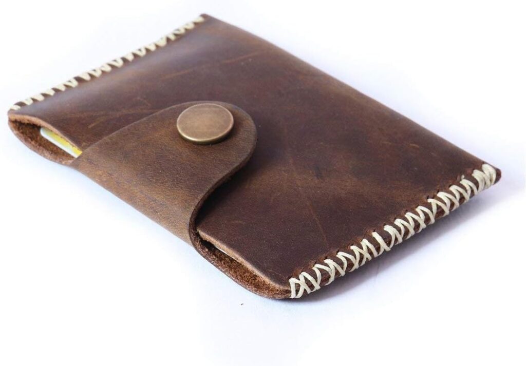 Handmade Vintage Leather Wallet – Slim Front Pocket Credit Card Holder, Hand-Stitched Genuine Cowhide Wallet for Men & Women, Holds 4-8 Cards + Cash (Beige stitching, Small Flap Wallet)