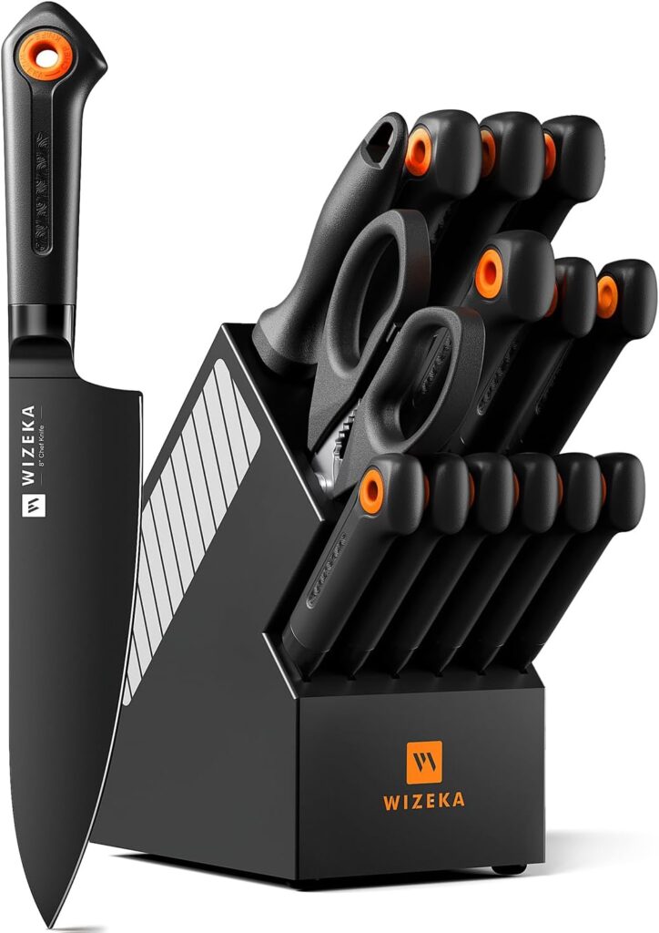WIZEKA Kitchen Knife Block Set: 15 Pieces Dishwasher Safe Knives Set for Kitchen, Ultra Sharp Black Knife Set With Sharpener, Non-Slip Handle, Anti-Rust Coating, Dark Vision Series