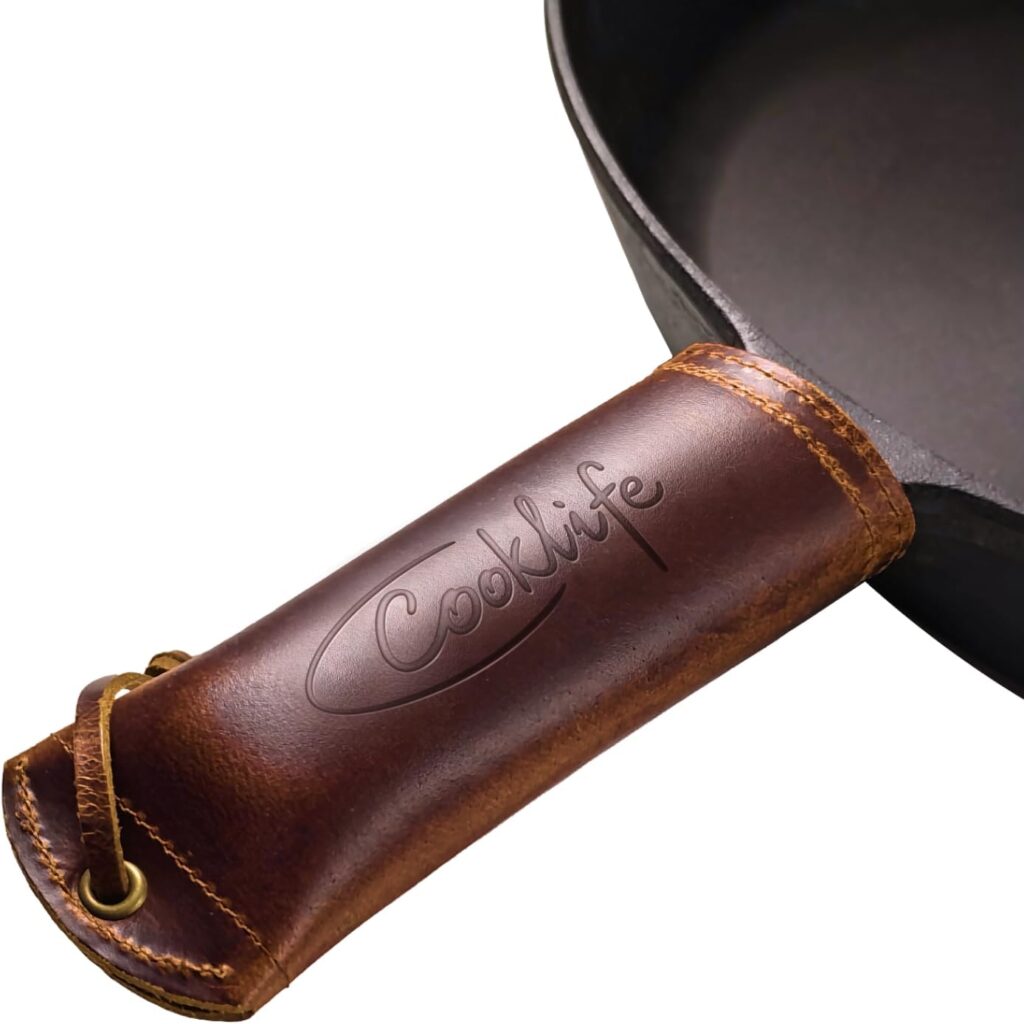 COOKLIFE Cast Iron Handle Cover – Extra Thick Leather Hot Handle Holder for Cast Iron Skillets – Reusable Heat Protection Up to 500°F Skillet Handle Cover