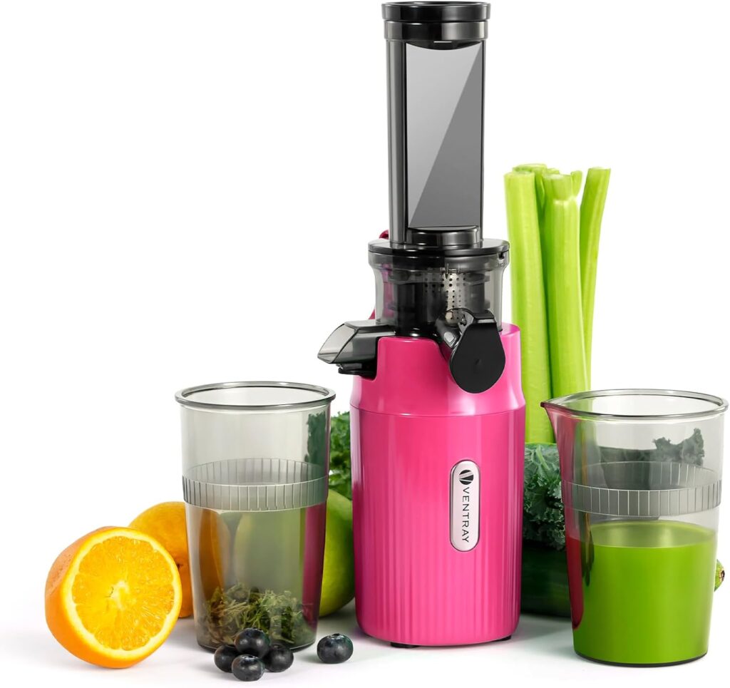 Ventray Ginnie Mini Cold Press Juicer, Small Slow Masticating Juicer for Vegetables and Fruits, High Juice Yield, Easy to Clean, Space-Saving, Fit for Personal/Travel/Picnic/Office – Pink