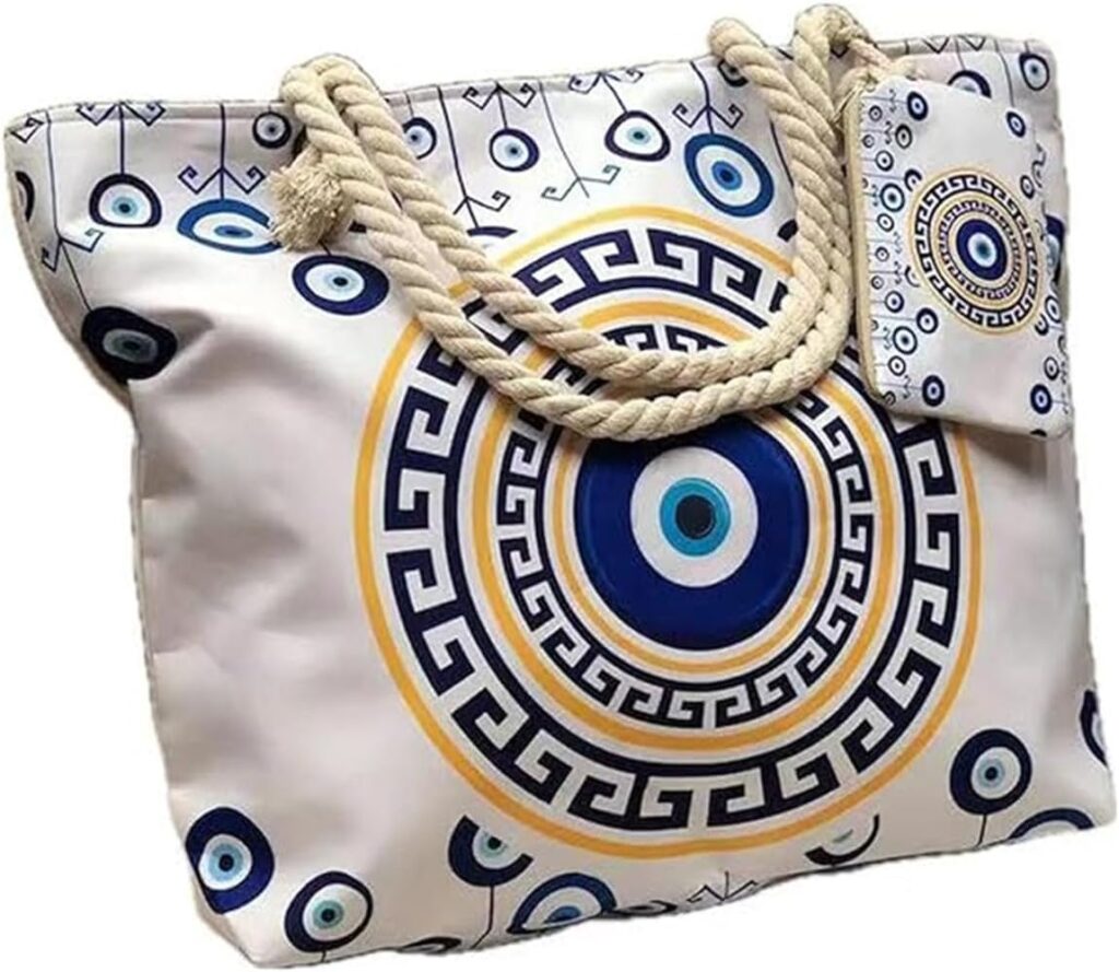 Large Capacity Women’s Evil Eye Beach Tote Bag,Handmade Canvas Shoulder Bag with Mini Pouch,Weekender Bags for Travel
