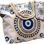 Large Capacity Women’s Evil Eye Beach Tote Bag,Handmade Canvas Shoulder Bag with Mini Pouch,Weekender Bags for Travel