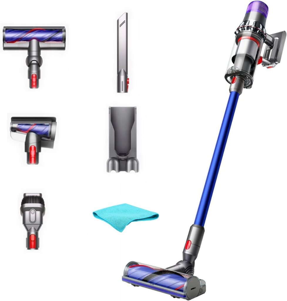 Dyson V11 Cordless Stick Vacuum – Nickel/Blue, HEPA Filter, Bagless, Up to 60 Min Runtime, Rotating Brushes, Battery Operated, 2-Year Warranty, with 5AVE Microfiber Cloth