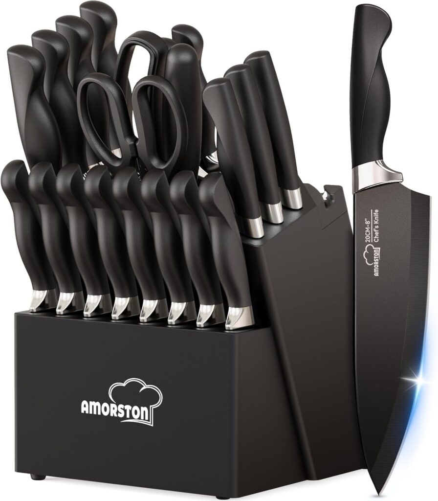 Knife Set, Amorston 21 Pieces Kitchen Knife Set with Block and Sharpener, Ultra-Sharp Knives Set with Ergonomic Handles, Black German Stainless Steel Knife Block Set, Dishwasher Safe