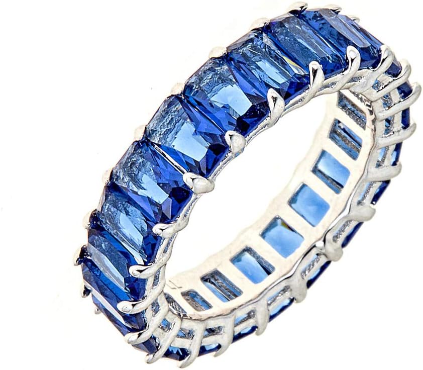 Maya J Eternity Ring – Emerald-Cut, with Artisan Fashioned Gemstones, Blue, Size 6