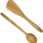 FAAY 12.5 Inch Wood Utensil Set (2 PCS), Teak Wooden Right Hand Spatula & Flat Spoon, 100% Natural from High Moist Resistance Teak Wood, Healthy Wooden Spoon Spatula for Non Stick Cookware