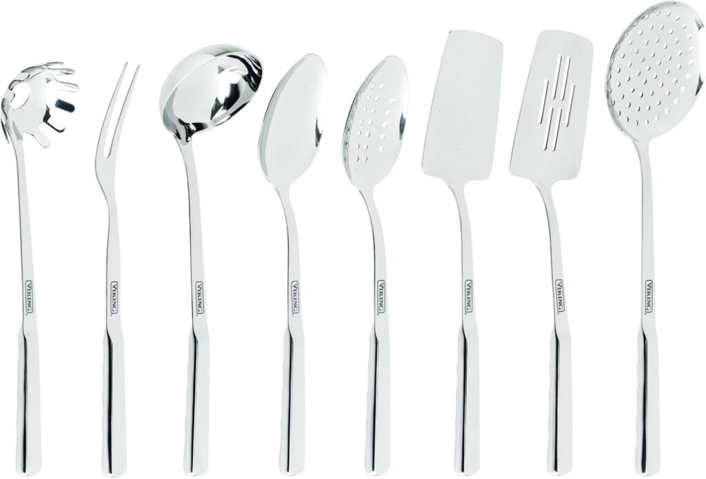 Viking Kitchen Utensils Set, 8 Piece Stainless Steel Cooking Utensil Set, Includes Spatulas, Spoons, Pasta Fork, Deep Ladle, Meat Fork, and Skimmer, Silver