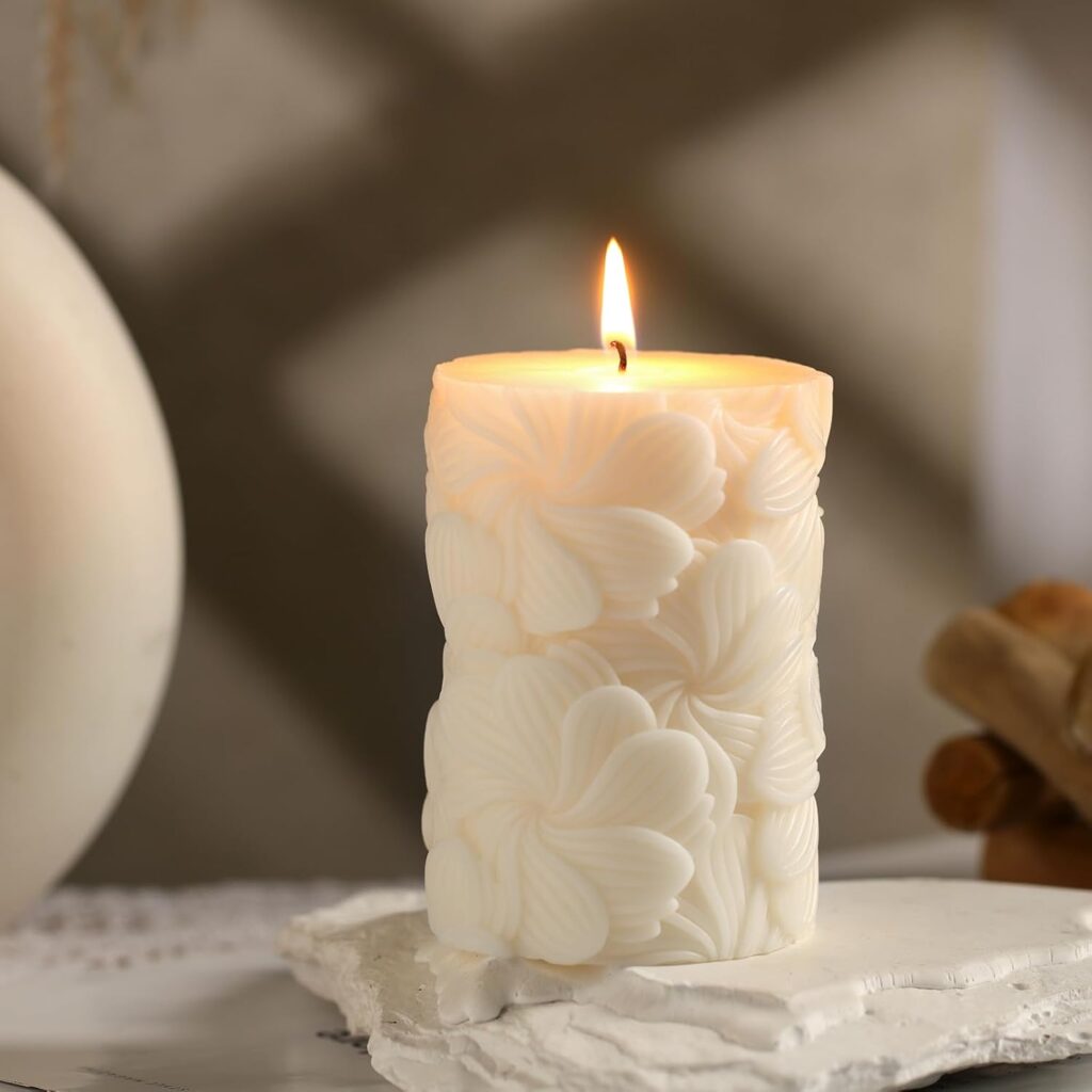 Flower Pillar Candle Sculptured Ribbed Pillar Candle 3.8 x 2.6 inch Handmade Soy Wax Aesthetic for Wedding Gift Birthday Spa Yoga Home Party Decor(Flower)